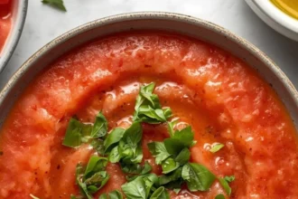 Tazón de gazpacho rojo de sandía y jitomate con albahaca