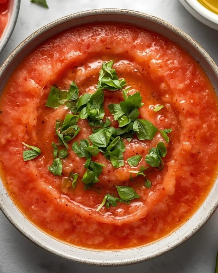 Tazón de gazpacho rojo de sandía y jitomate con albahaca
