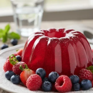 Gelatina roja brillante con frutos del bosque dentro