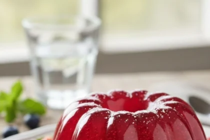 Gelatina roja brillante con frutos del bosque dentro