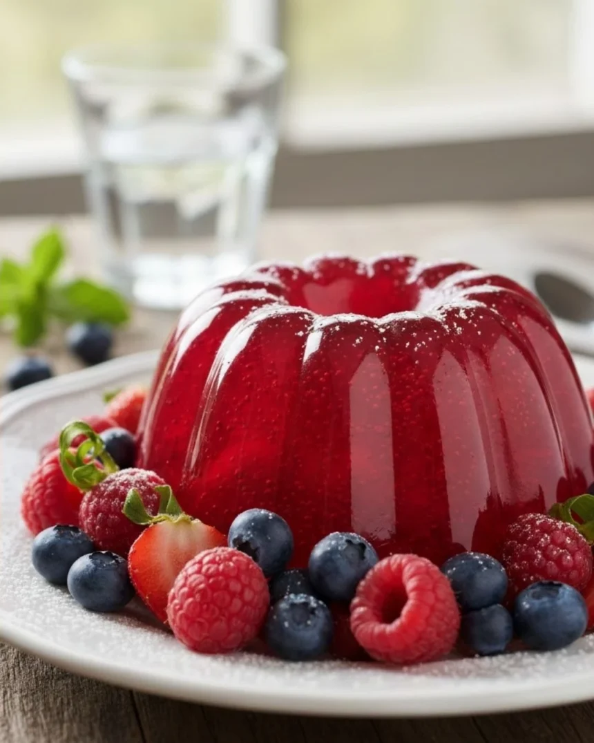 Gelatina roja brillante con frutos del bosque dentro