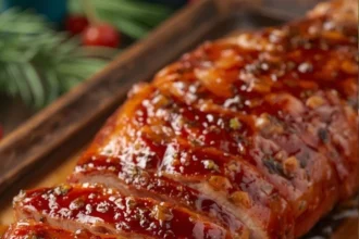 Rebanadas de lomo de cerdo cubiertas de adobo rojo y piña