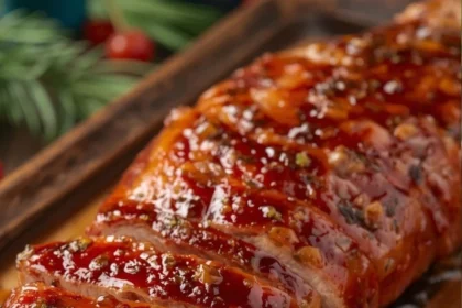 Rebanadas de lomo de cerdo cubiertas de adobo rojo y piña