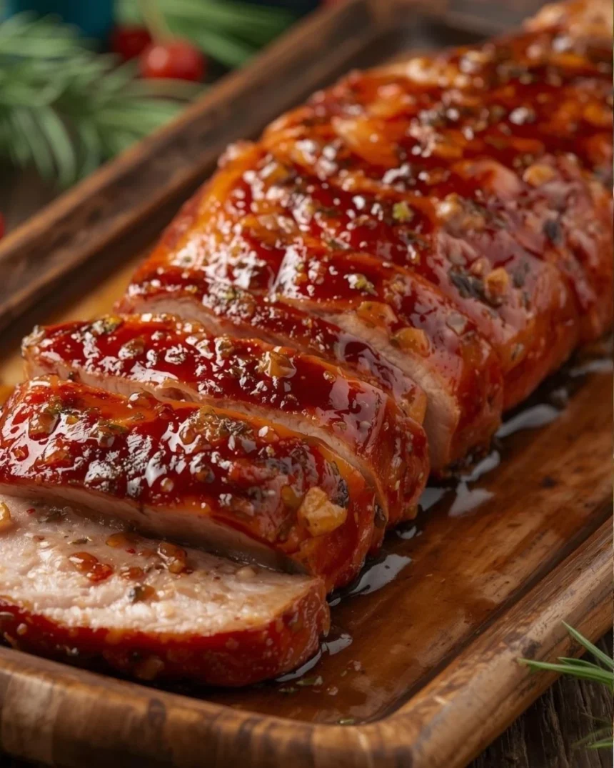 Rebanadas de lomo de cerdo cubiertas de adobo rojo y piña