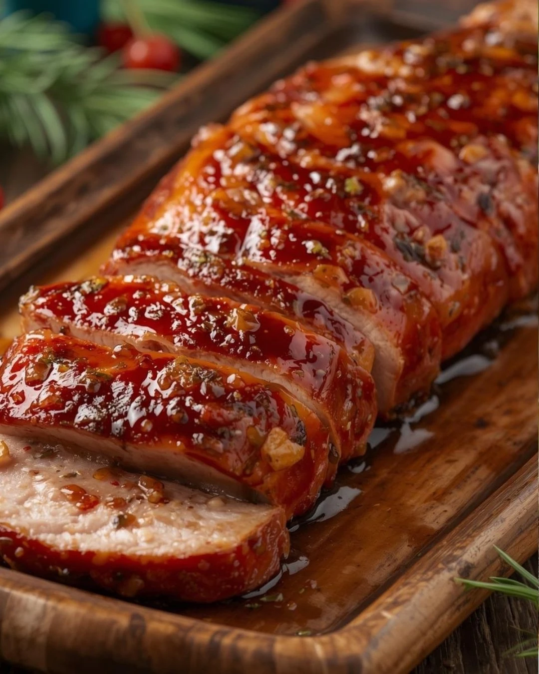 Rebanadas de lomo de cerdo cubiertas de adobo rojo y piña