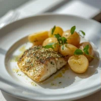 Filete de pescado con capa verde de hierbas y papas