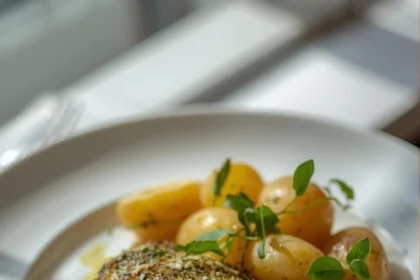 Filete de pescado con capa verde de hierbas y papas