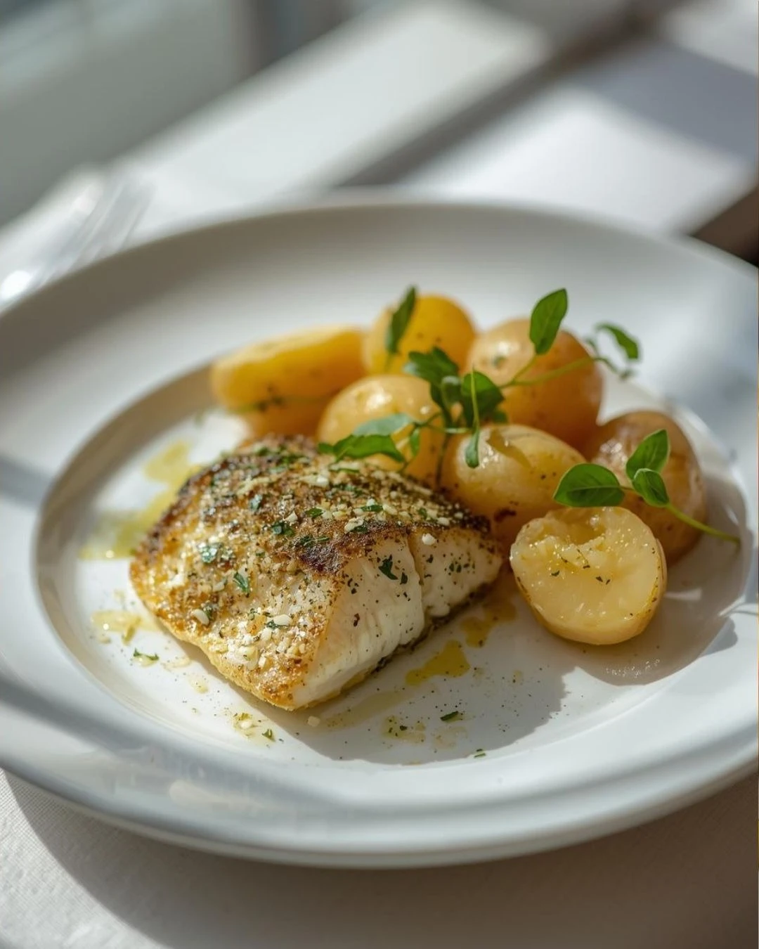 Filete de pescado con capa verde de hierbas y papas