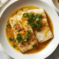 Filete de pescado blanco al vapor con salsa de ajo