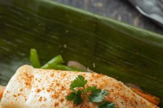 Paquete de hoja de plátano abierto con pescado y verduras