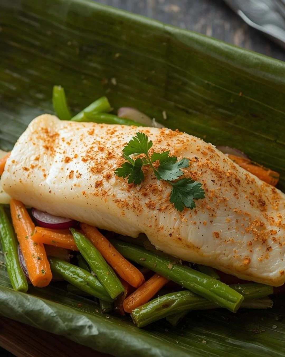 Paquete de hoja de plátano abierto con pescado y verduras