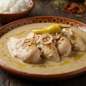 Plato de pollo bañado en mole claro de almendra