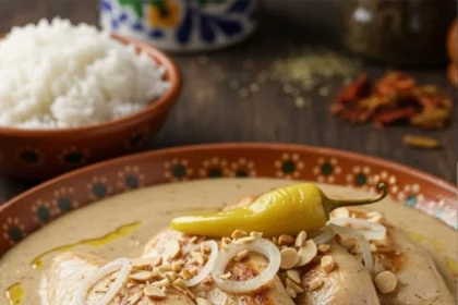 Plato de pollo bañado en mole claro de almendra