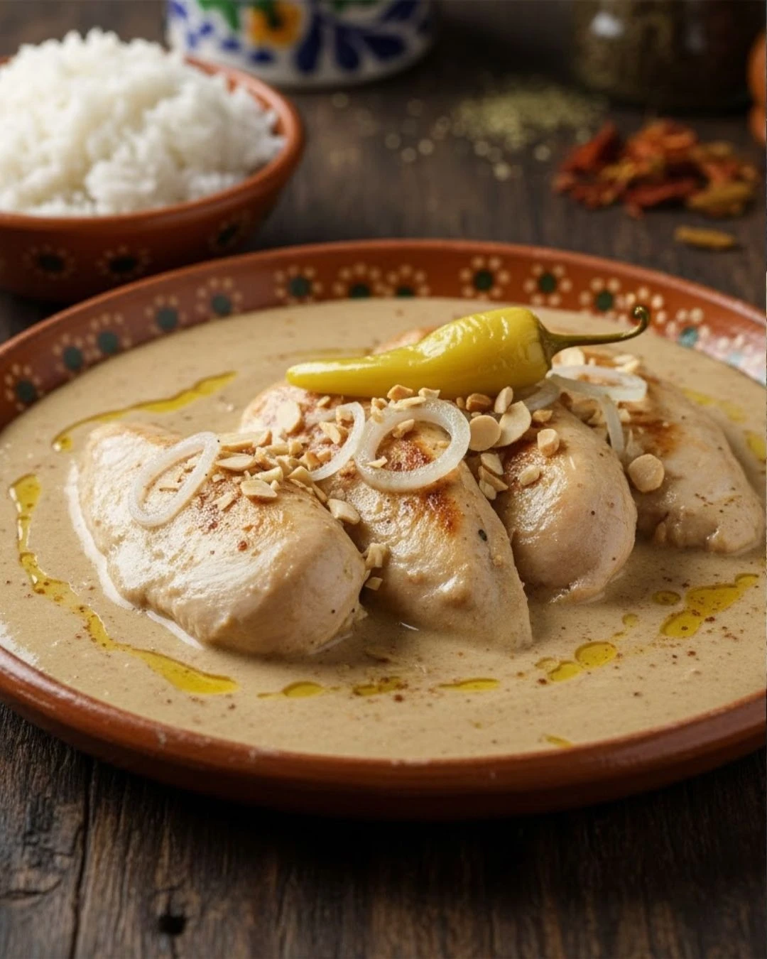 Plate of chicken bathed in light almond mole