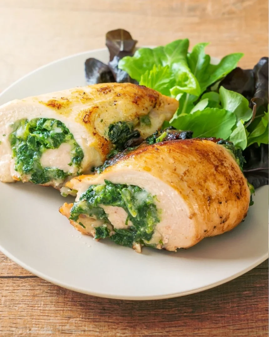 Rollo de pechuga relleno de espinaca y amaranto 1 Rollo de pechuga de pollo cortado mostrando relleno verde