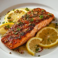 Filete de salmón cocinado con semillas de chía encima