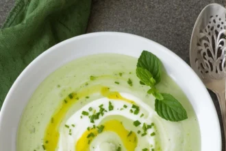 Sopa fría cremosa de pepino y yogurt en tazón
