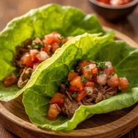 Hojas de lechuga rellenas de carne molida y salsa