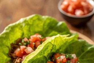 Hojas de lechuga rellenas de carne molida y salsa