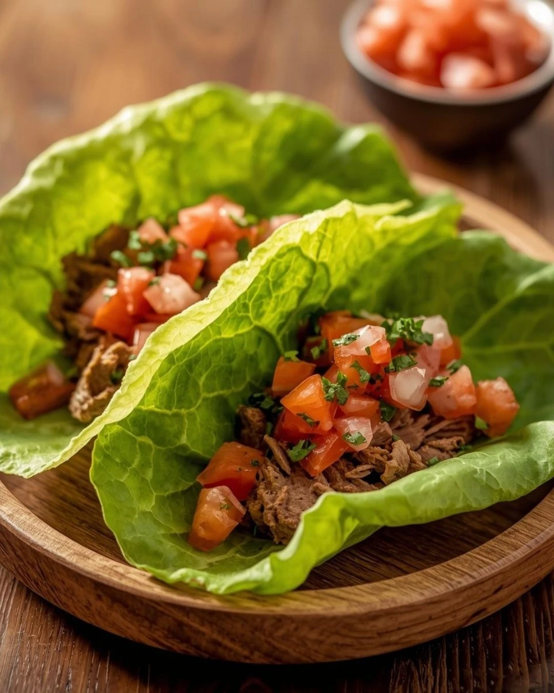 Hojas de lechuga rellenas de carne molida y salsa