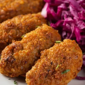 Tiras de pollo dorado sobre ensalada de col morada