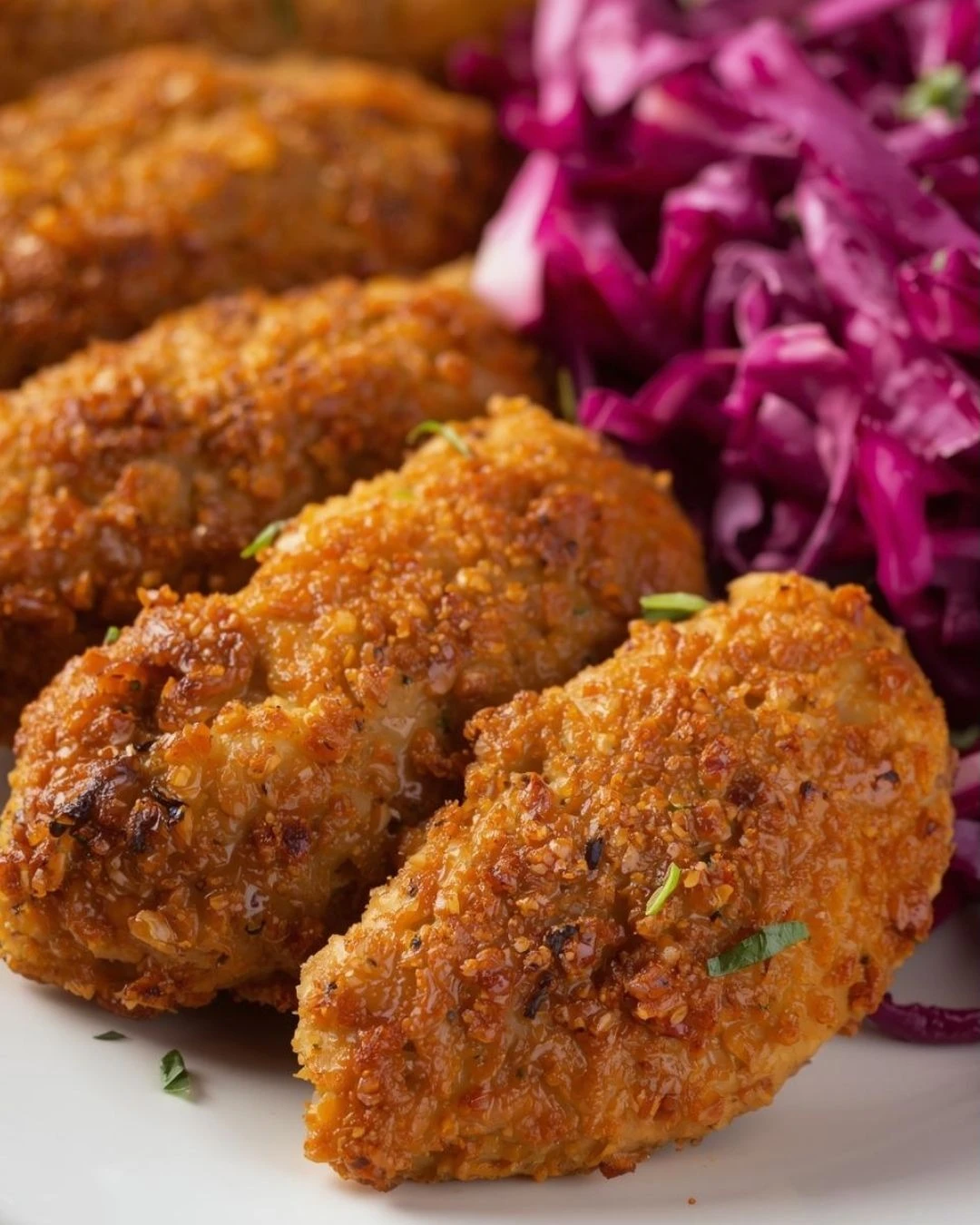 Tiras de pollo dorado sobre ensalada de col morada