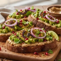 Tostadas de pan integral con aguacate tatemado y granada