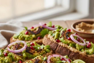Tostadas de pan integral con aguacate tatemado y granada