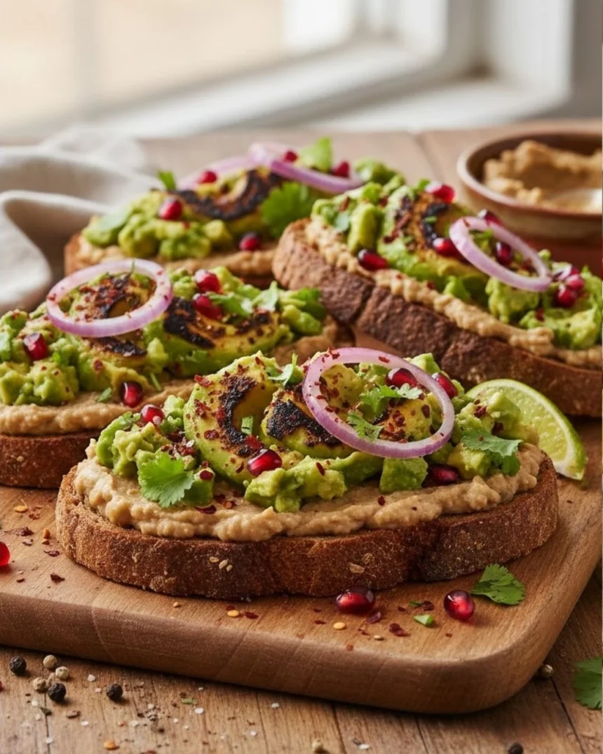 Tostadas de pan integral con aguacate tatemado y granada