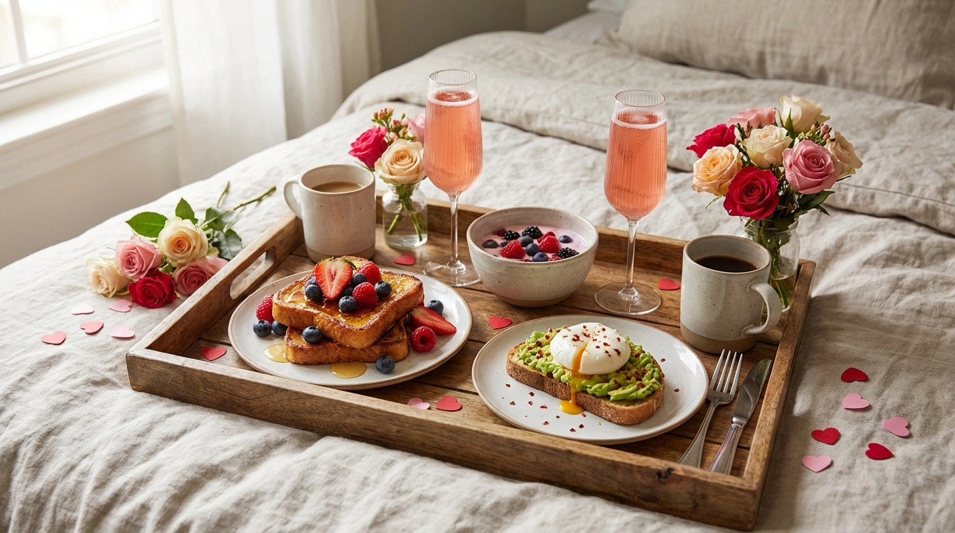 disfruta un brunch romántico de san valentín en casa con deliciosas tostadas francesas y avocado toast, perfecta combinación para celebrar el amor.