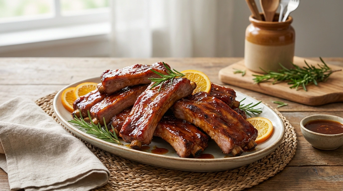 deliciosas costillas de cerdo glaseadas con un toque cítrico de naranja y el aroma fresco del romero, perfectas para una comida sabrosa y llena de sabor.