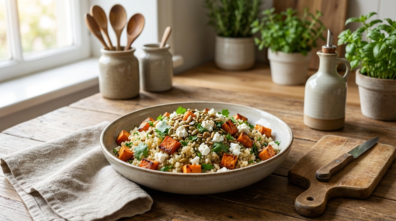 deliciosa ensalada de quinoa con camote rostizado y queso de cabra, perfecta para una comida saludable y llena de sabor.