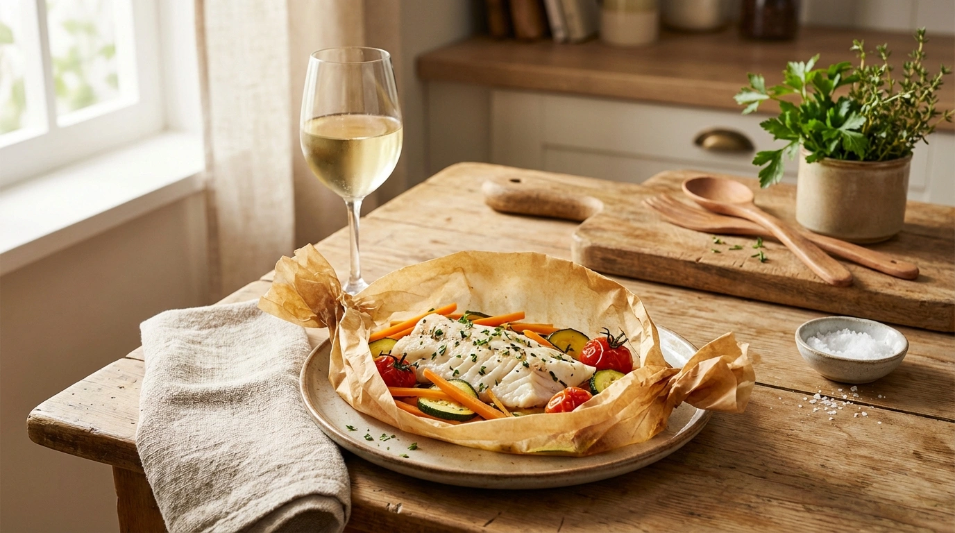 delicioso filete de pescado cocinado en papillote con verduras frescas y un toque de vino blanco, una receta saludable y fácil de preparar.
