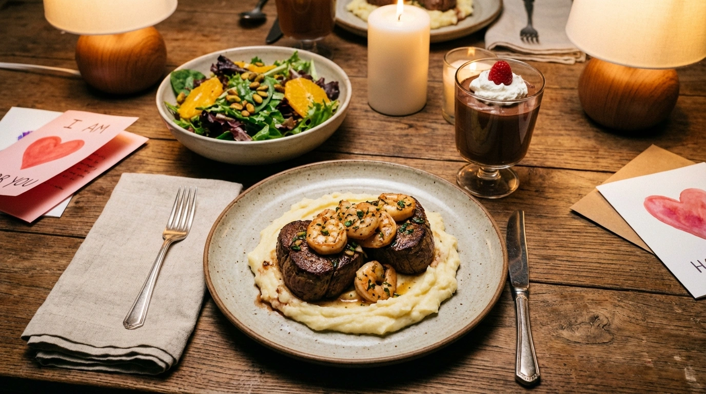 disfruta de un romántico menú de san valentín con una deliciosa cena de mar y tierra, seguida de un exquisito mousse de chocolate. perfecto para una noche especial en pareja.