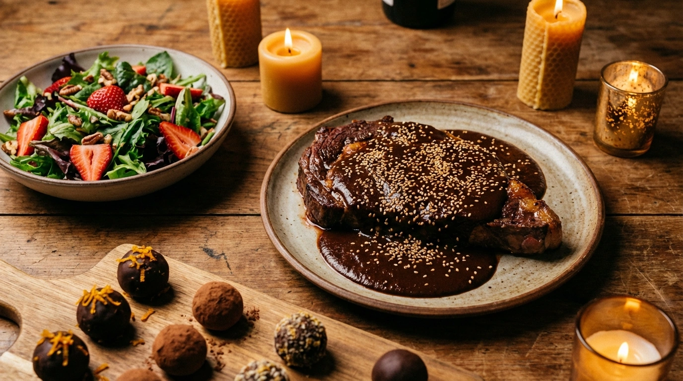 disfruta de una cena especial de san valentín con nuestro menú de 3 tiempos, destacando irresistibles platos con chocolate para una velada romántica y deliciosa.