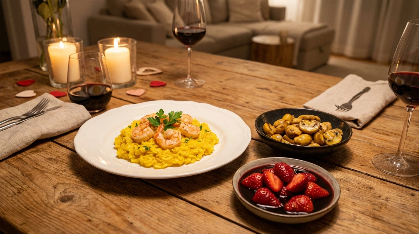 disfruta de un romántico menú de san valentín en casa con un delicioso risotto de azafrán y fresas al vino, ideal para sorprender a tu pareja y celebrar el amor.