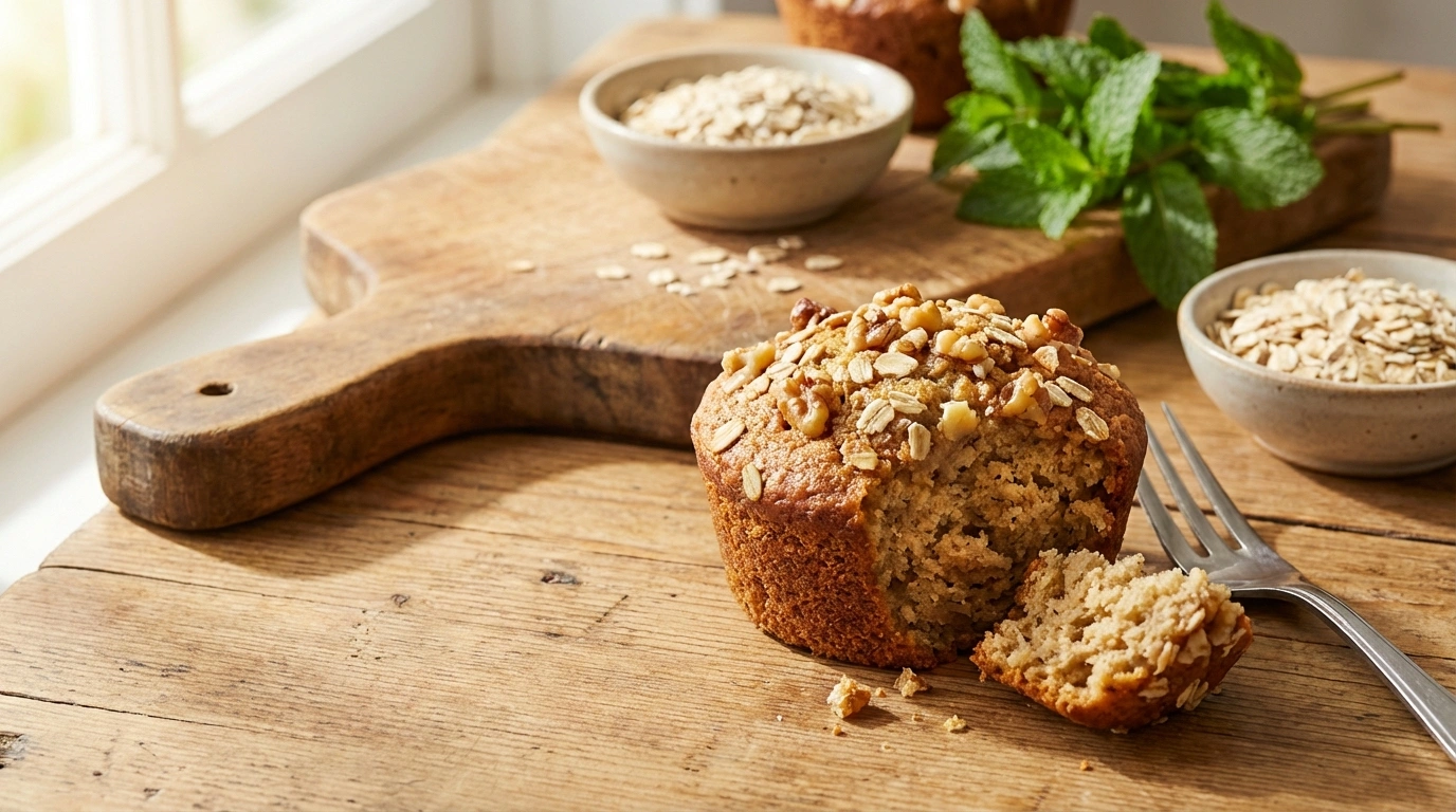 delicioso pastelito tibio de plátano con avena y nuez, ideal para un desayuno nutritivo o merienda saludable.
