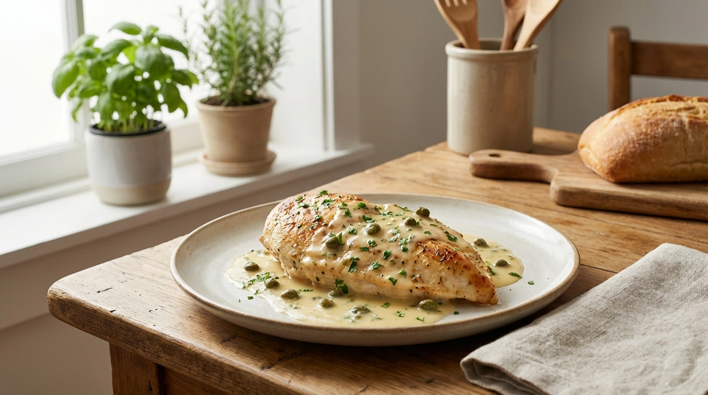 deliciosa pechuga de pollo cocinada en una salsa fresca de limón y alcaparras, perfecta para una comida ligera y llena de sabor.