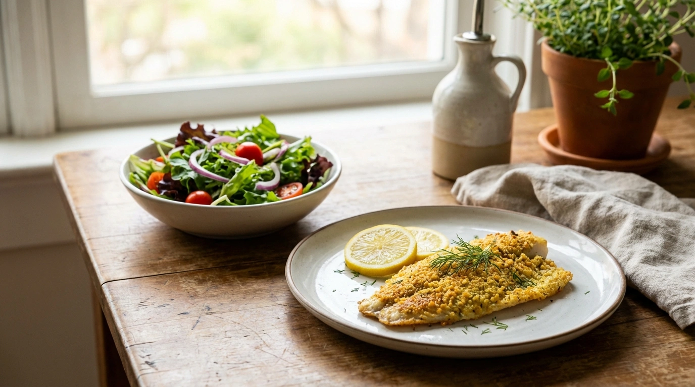 disfruta de un delicioso tilapia al limón con una crujiente costra de almendra, acompañado de una fresca ensalada para una comida saludable y sabrosa.