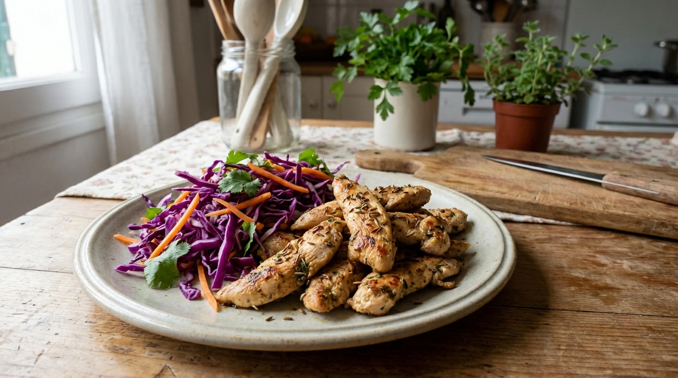 deliciosas tiras de pollo al comino acompañadas de una fresca ensalada de col morada, una combinación perfecta para un plato lleno de sabor y color.