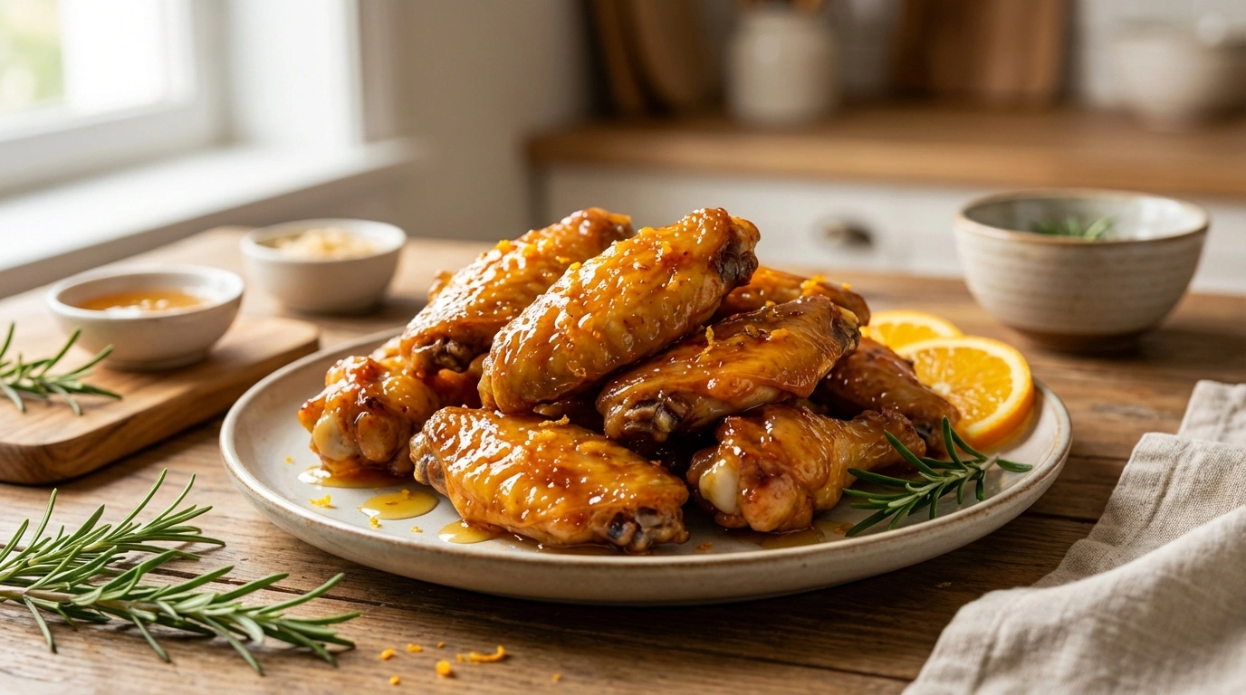 Alitas de Pollo Glaseadas con Naranja y Miel 44 deliciosas alitas de pollo glaseadas con una mezcla dulce y cítrica de naranja y miel, perfectas para un aperitivo irresistible.