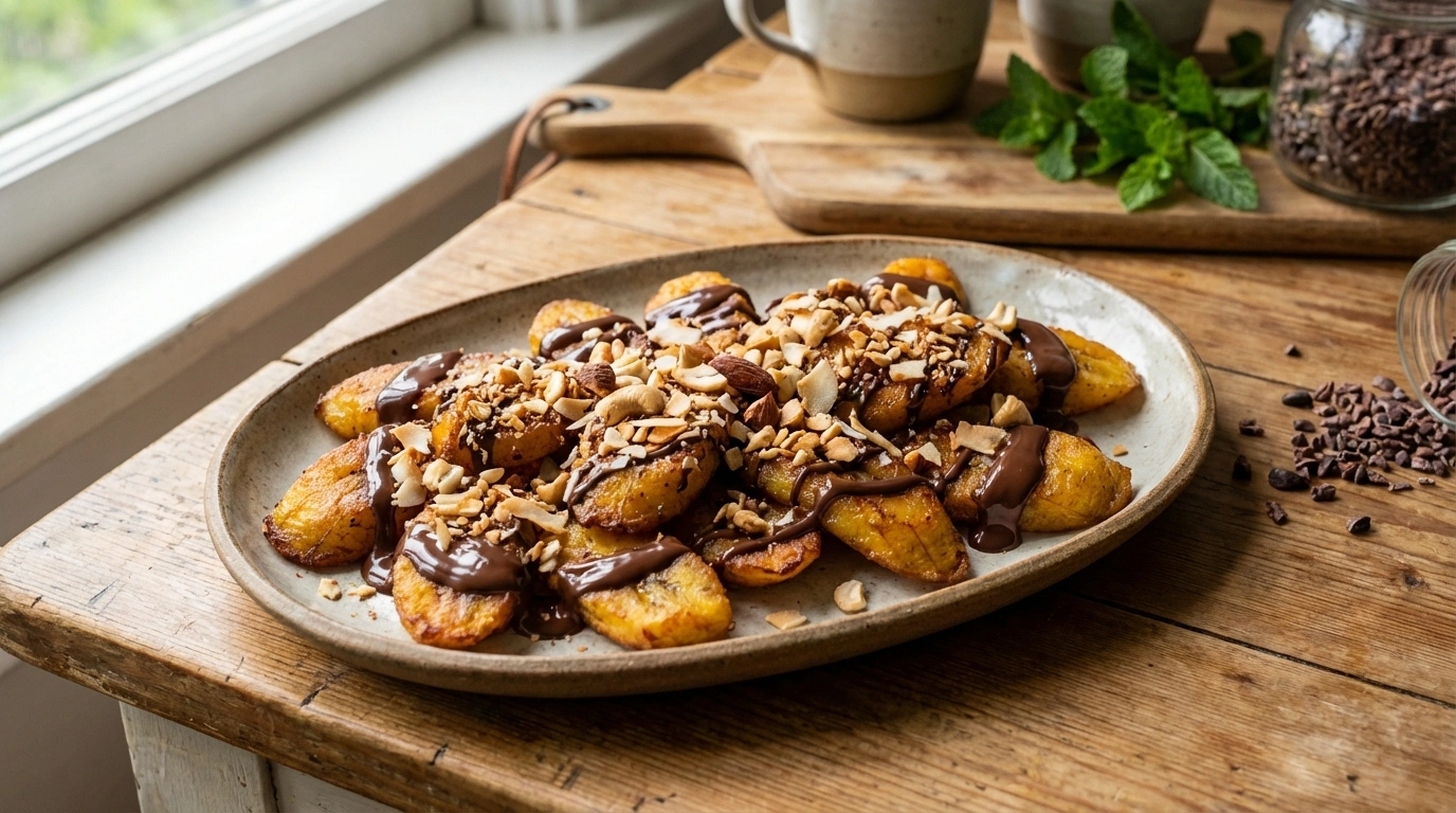 Bites de Plátano con Chocolate y Topping Crujiente 42 deliciosas bites de plátano cubiertas con chocolate y un topping crujiente para un snack irresistible y dulce.