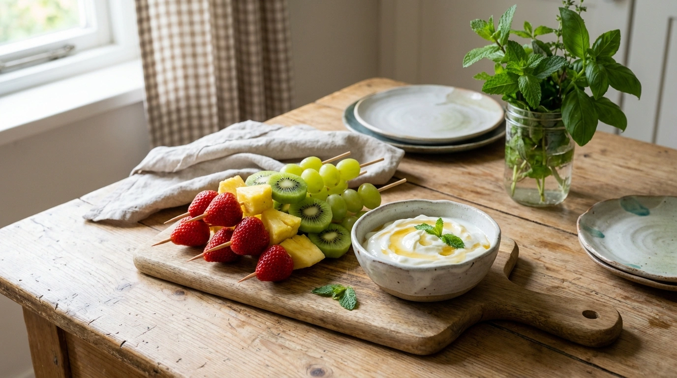 deliciosas brochetas dulces de fruta fresca acompañadas de un cremoso dip de yogur, perfectas para un postre saludable y refrescante.