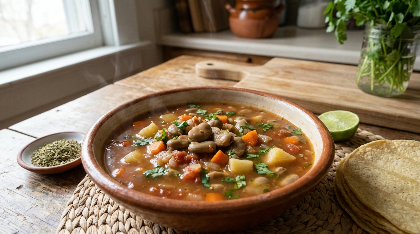 disfruta del auténtico sabor mexicano con nuestro caldo de habas secas al estilo tradicional, una receta casera llena de sabor y tradición.