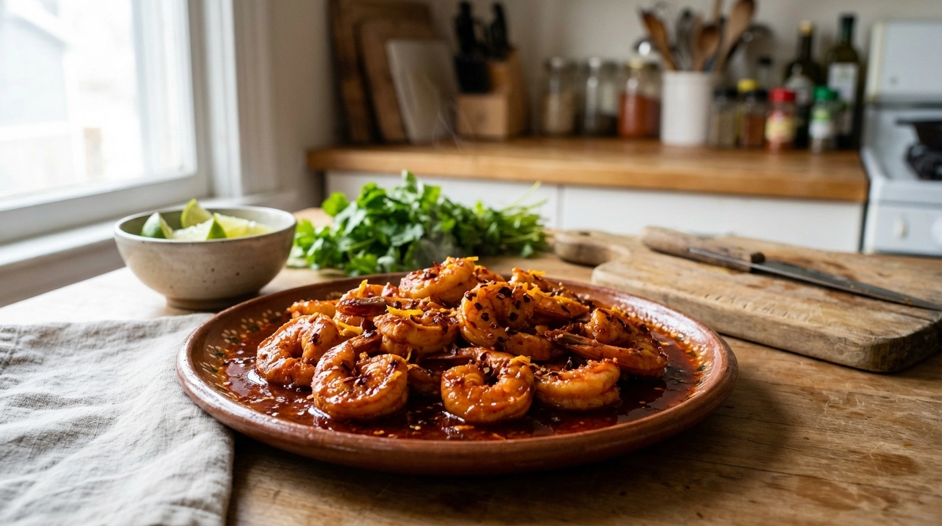 disfruta de camarones a la diabla con mantequilla de chile seco y un toque cítrico que realza su sabor picante y delicioso. una receta perfecta para los amantes de la comida intensa y sabrosa.