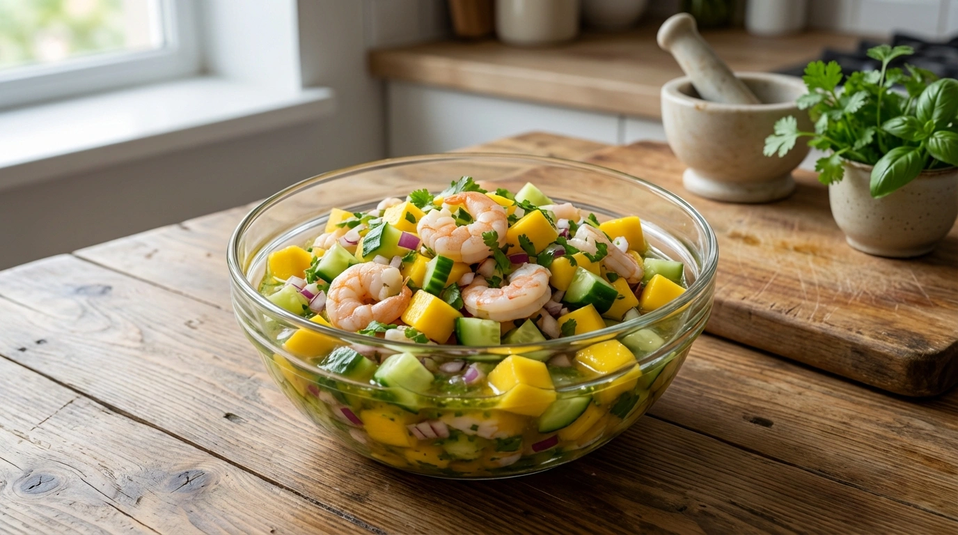 disfruta de un ceviche fresco y delicioso de mango, pepino y camarón, realzado con un toque picante de aceite de chile verde, ideal para un plato ligero y refrescante.