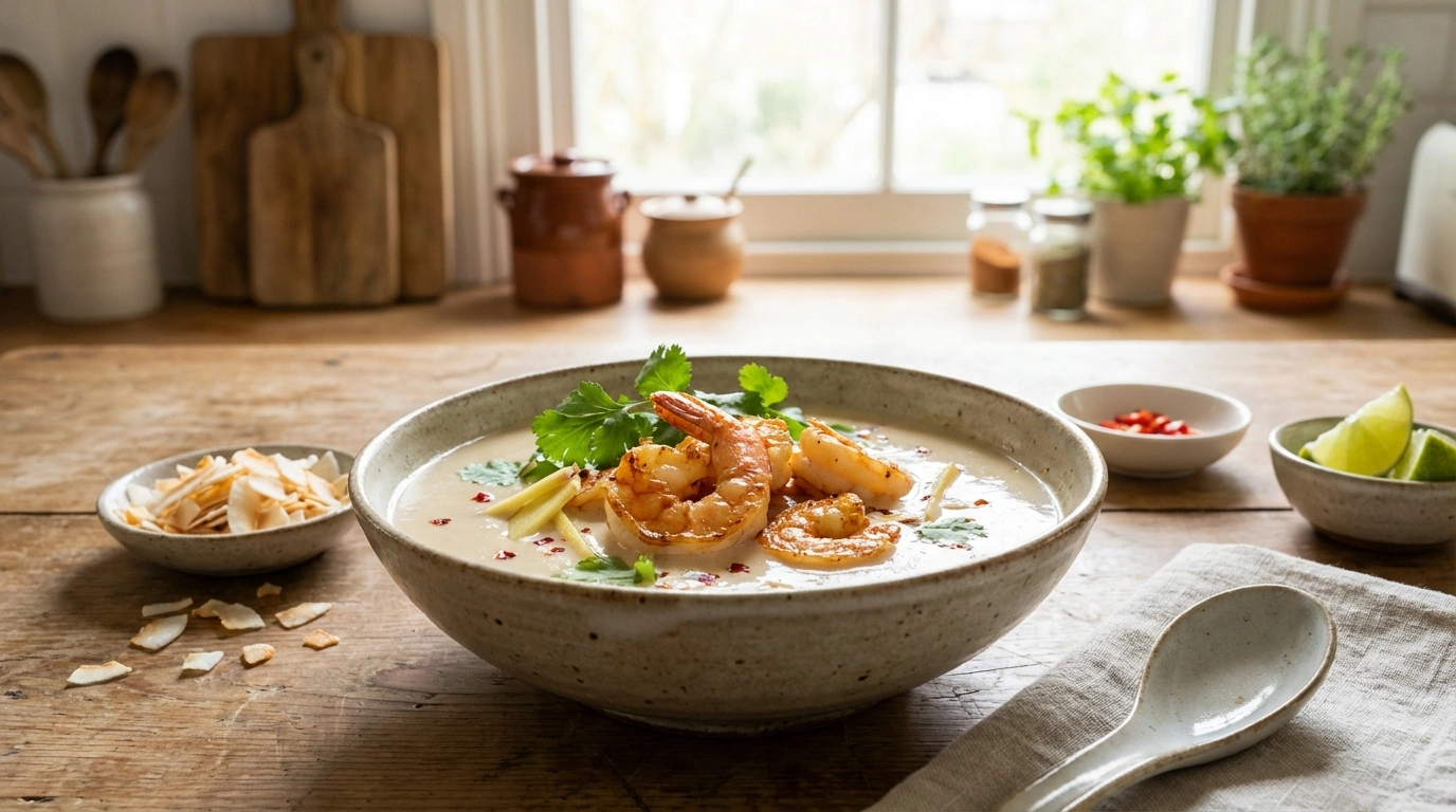 deléitate con nuestra crema de coco y jengibre, acompañada de camarones salteados, una combinación perfecta de sabores tropicales y frescos.