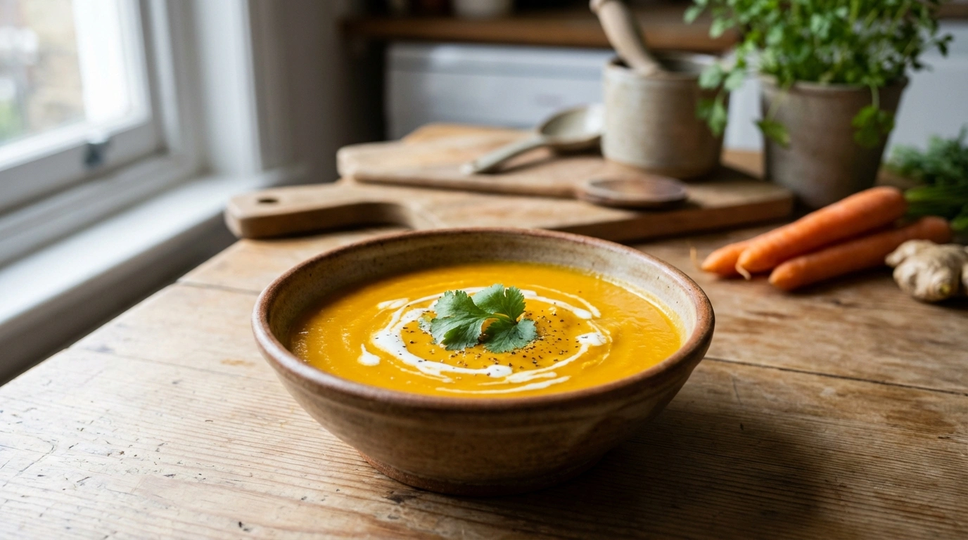 deliciosa crema de zanahoria rostizada con un toque de jengibre, perfecta para disfrutar una sopa cremosa y reconfortante llena de sabor y nutrientes.
