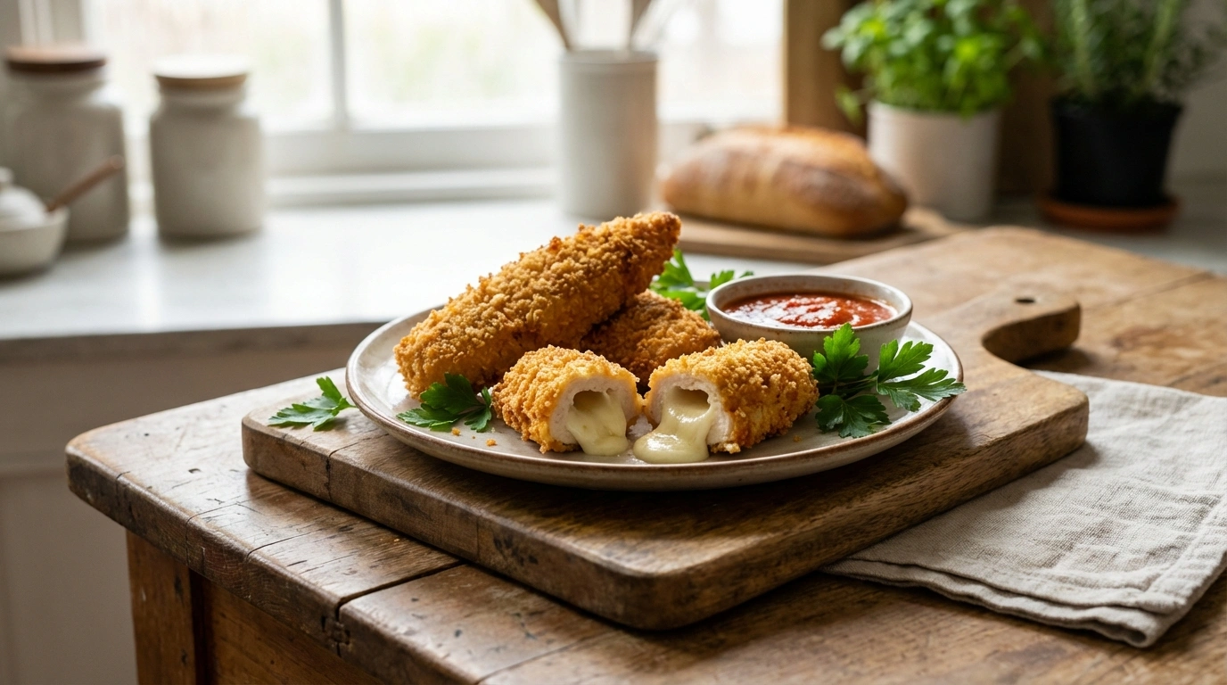 Dedos de Pollo Rellenos de Queso con Costra de Panko 24 deliciosos dedos de pollo rellenos de queso, cubiertos con una crujiente costra de panko para una experiencia irresistible y sabrosa.