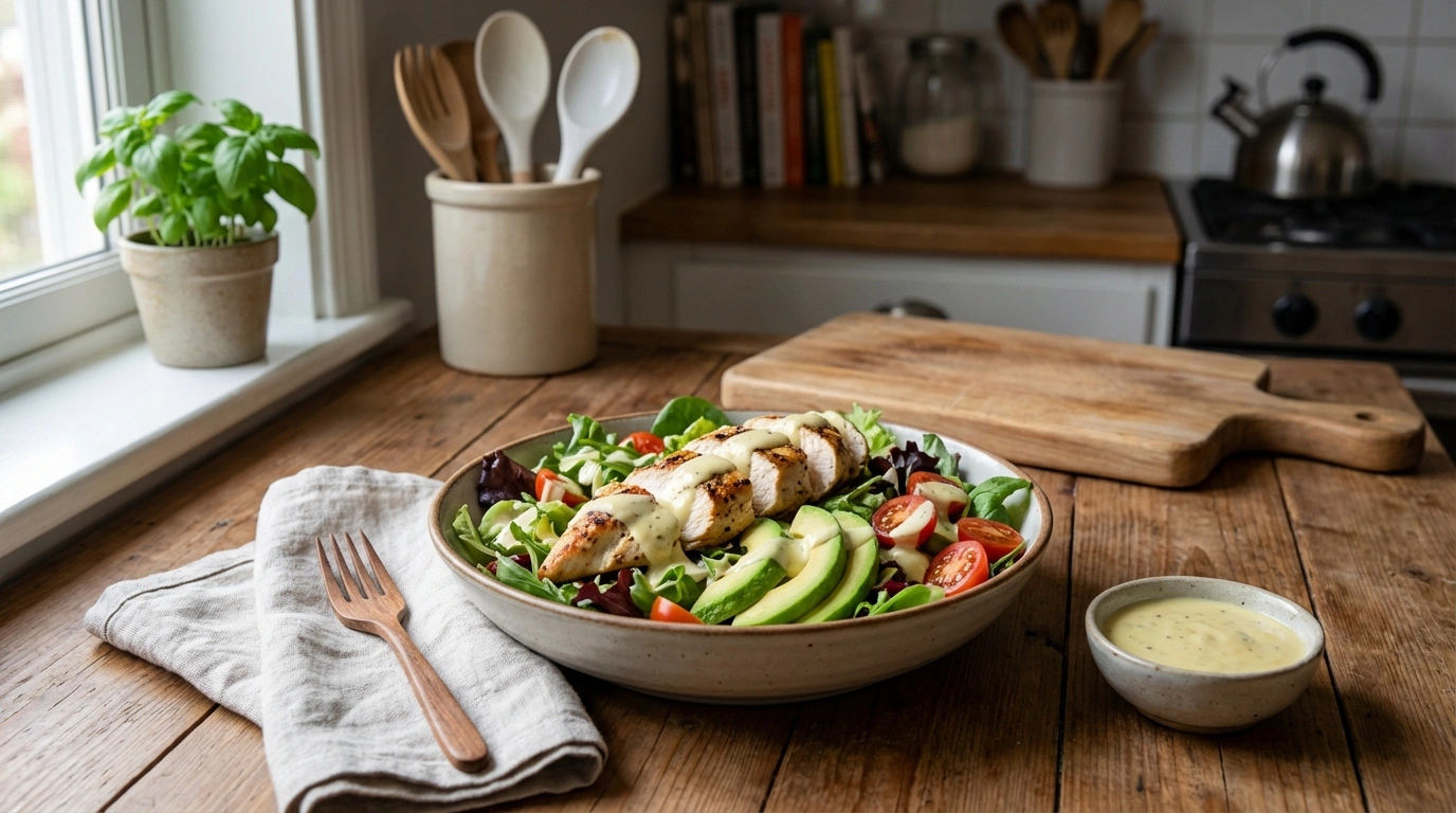 deliciosa ensalada de pollo con aguacate fresco y un aderezo cremoso de limón, perfecta para una comida saludable y refrescante.